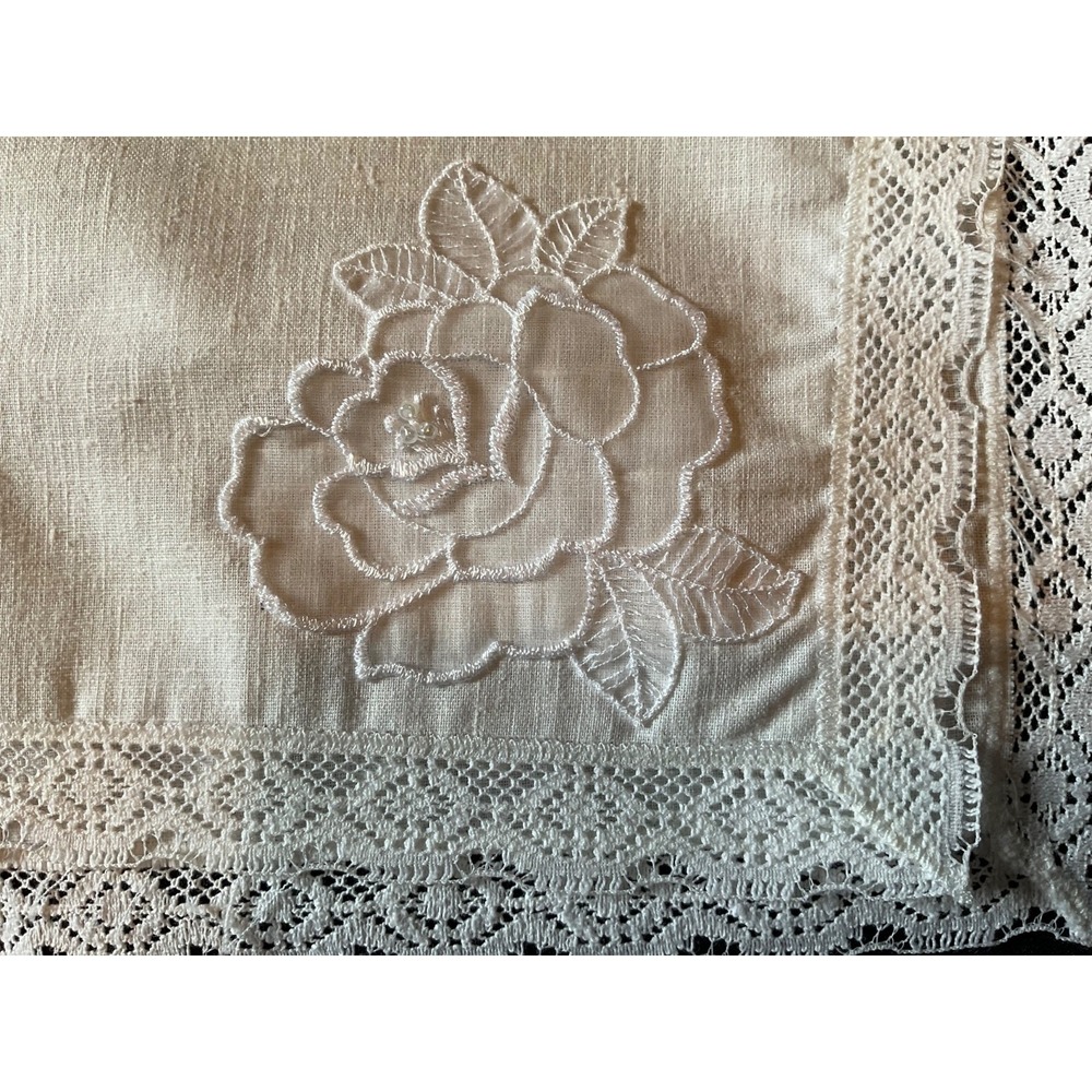 Linen Bib Collar/Dickey Lace Embroidery Floral Retro Scalloped Trim Ivory Pearls - Picture 4 of 6
